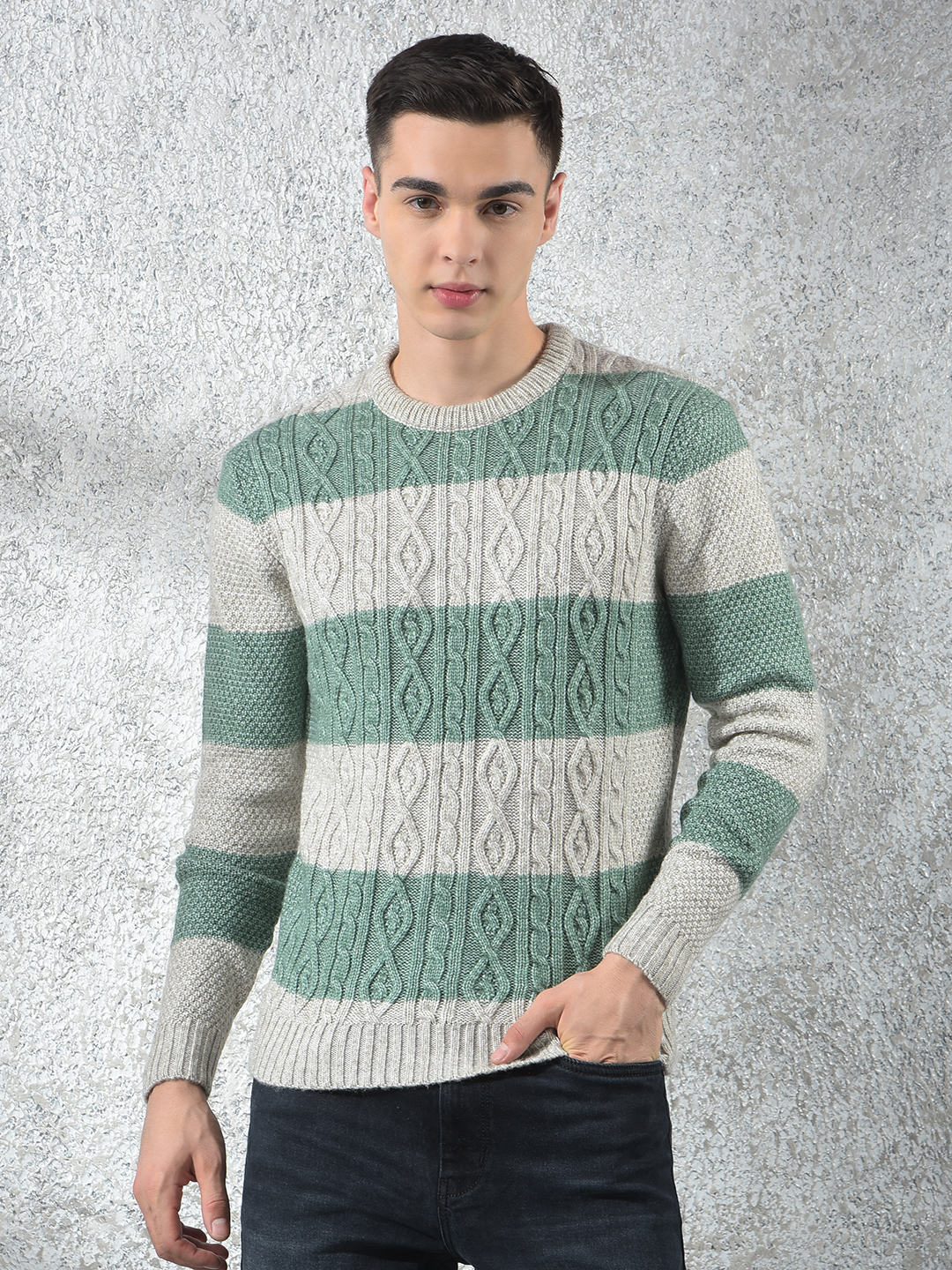 Numero Uno Men Grey Argyl Round Neck Flat Knitted Sweater